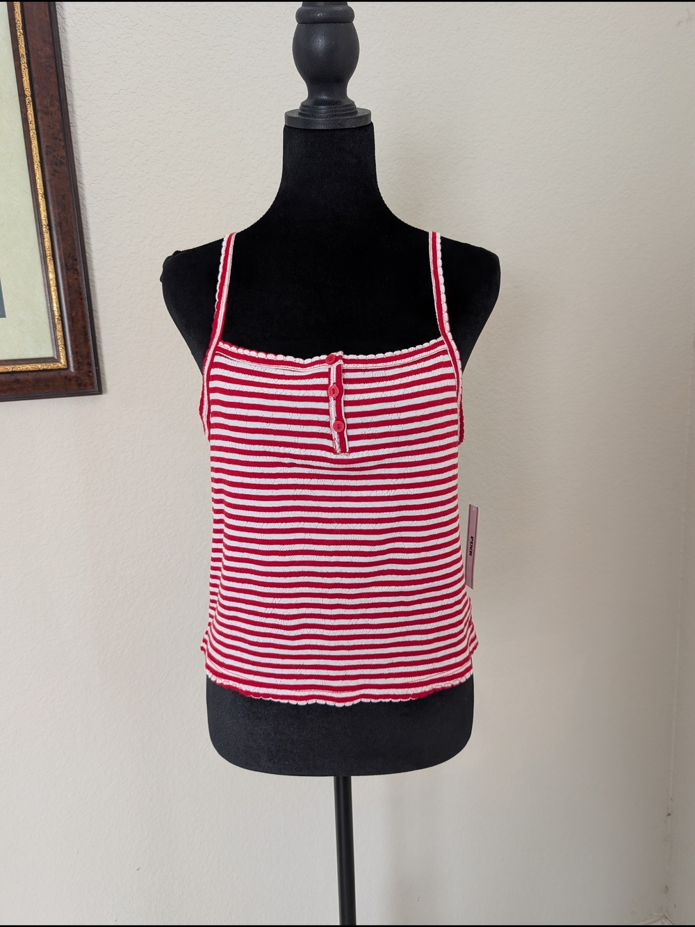 Victoria's Secret Red & White Striped Ribbed Tank with Button Placket